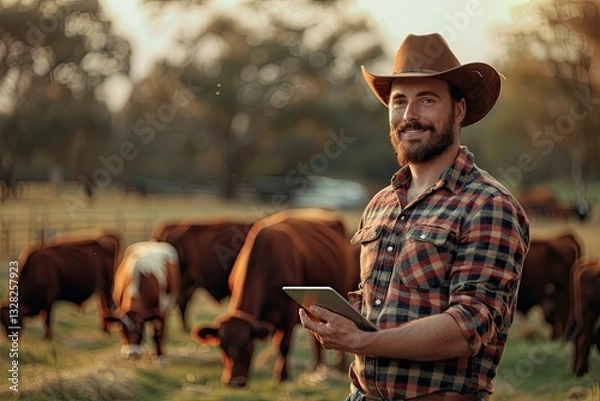 Obraz Portrait of Cattleman Farmer Standing in Front of Cows and Holding Tablet at the Farm
