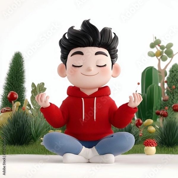 Obraz Serene Cartoon Boy Meditating in Miniature Garden 3D Render