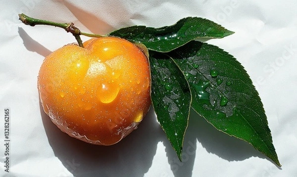 Obraz Fresh Apricot with Water Droplets and Green Leaves on Light Background