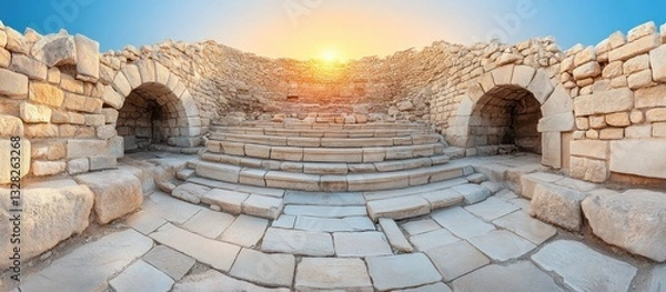 Fototapeta Ancient Stone Amphitheater Ruins at Sunrise with Blue Sky and Warm Light
