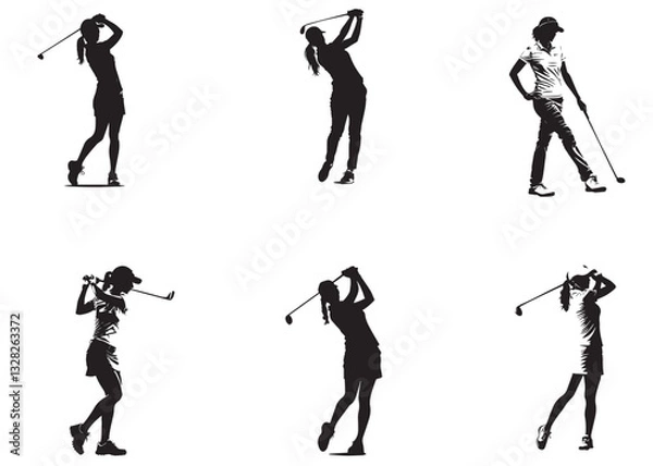 Obraz people playing golf in various poses isolated vector silhouette on white background	