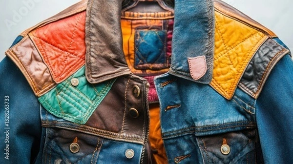 Obraz Vintage Denim Jacket with Colorful Patchwork Design and Unique Texture Detail