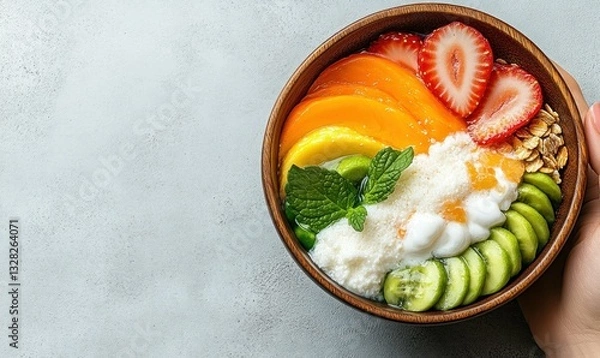 Fototapeta Colorful and Healthy Fruit Bowl with Yogurt, Granola and Mint on Grey Background