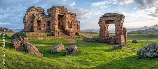 Fototapeta Ancient Stone Ruins Surrounded by Lush Green Landscape Under Blue Sky