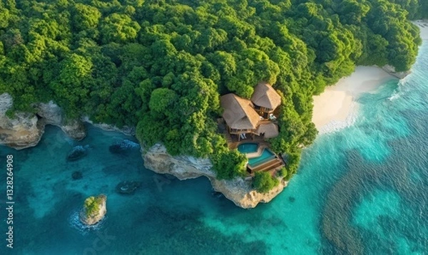 Fototapeta Aerial View of Tropical Island Resort Surrounded by Lush Green Forest and Ocean