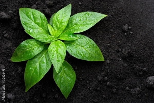 Fototapeta Fresh Green Basil Plant with Dew Drops on Dark Soil Surface Close Up