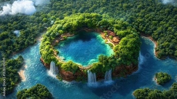 Fototapeta Captivating Aerial View of a Circular Island Surrounded by Lush Green Forests and Waterfalls