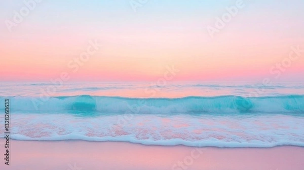 Fototapeta gentle pastel waves lapping at shore with serene sunset in background