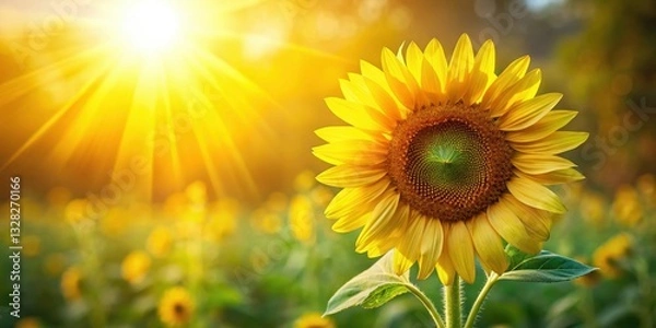 Obraz Warm sunlight illuminates a bright yellow sunflower on a summer day, symbolizing happiness and joy, hello july, sunny