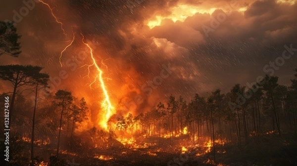 Obraz lightning bolt striking the ground, igniting a forest fire that rapidly spreads through the dry underbrush, while a distant thunderstorm rages above
