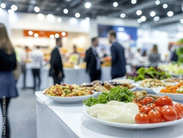 Fototapeta Delicious buffet food at a busy trade show with blurred background of attendees networking.