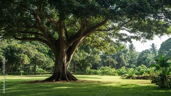 Fototapeta rain tree growing in a dense forest, its massive trunk and thick foliage standing out against the smaller trees, commanding attention in the landscape