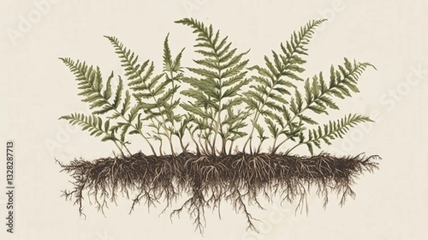 Fototapeta fern, detailing its root system, fronds, and reproductive spores, showcasing its unique growth pattern.