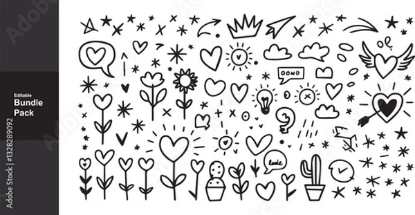 Fototapeta Doodle Art Bundle Pack: Hand-Drawn Hearts, Flowers, Stars, Clouds, and Cute Elements Vector Illustration for Graphic Design Projects