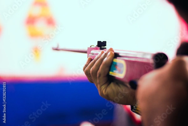 Fototapeta Closeup of human hand holding rifle aiming at a shooting game booth.