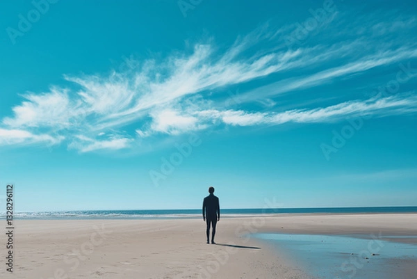 Obraz man walking on the beach looking out to see with blue sky and clouds 