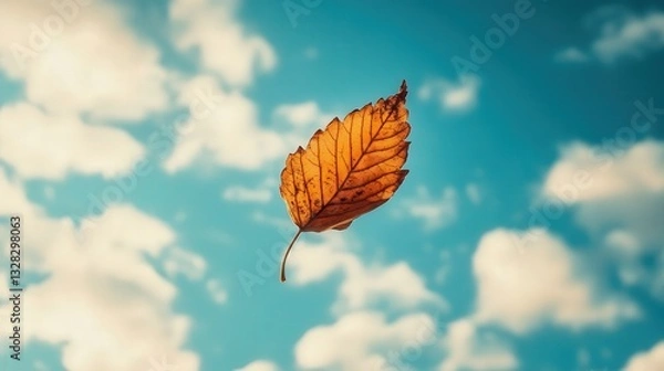 Fototapeta surreal photograph of a leaf floating on air, suspended against a bright sky.