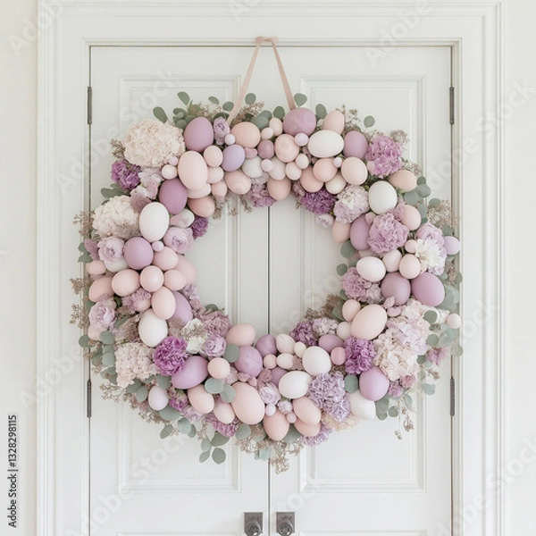 Fototapeta A vibrant Easter wreath made of dyed eggs, wildflowers, and fresh greenery hanging on a wooden door