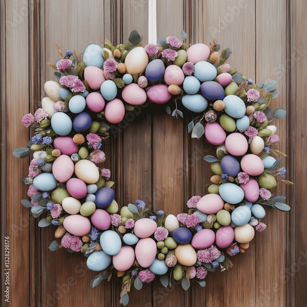 Fototapeta A vibrant Easter wreath made of dyed eggs, wildflowers, and fresh greenery hanging on a wooden door