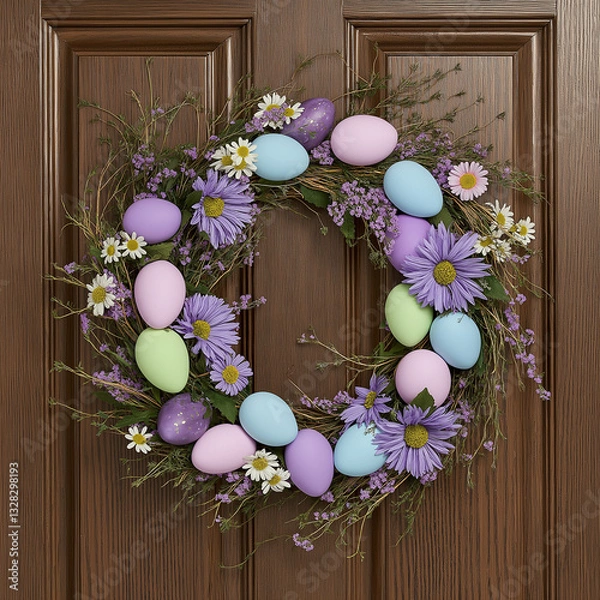 Fototapeta A vibrant Easter wreath made of dyed eggs, wildflowers, and fresh greenery hanging on a wooden door