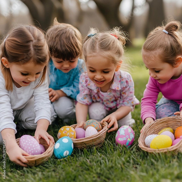 Fototapeta children playing with easter eggs in garden