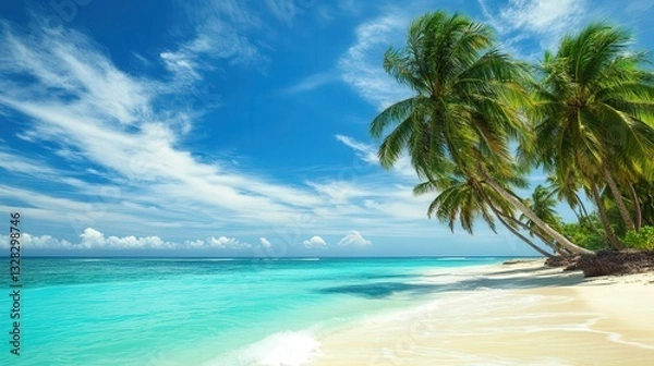 Fototapeta tropical summer beach scene, with palm trees swaying, bright turquoise waters, and a cool breeze.
