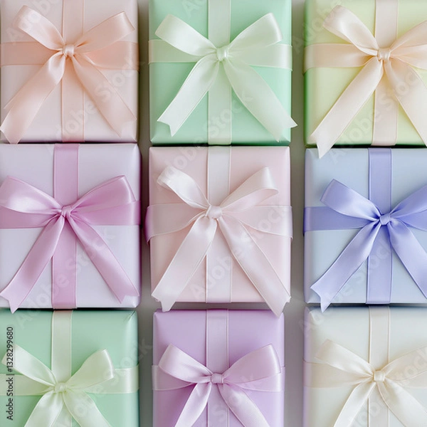 Fototapeta A stack of beautifully wrapped Easter gifts with pastel ribbons