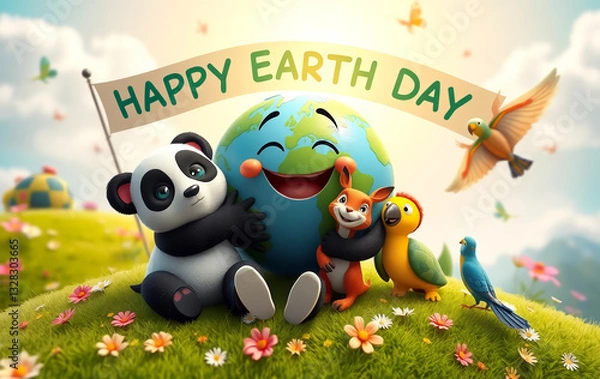 Fototapeta A heartwarming 3D-rendered cartoon of a smiling Earth character sitting on a grassy hill, hugging various animals like a panda, a deer, a turtle, and a parrot. 