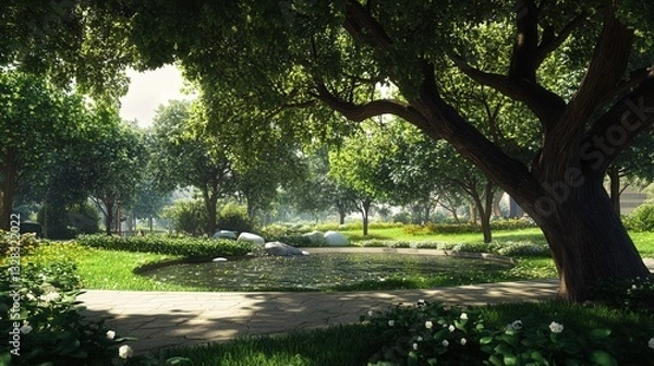Fototapeta majestic rain tree, with wide branches creating a canopy of shade and vibrant green leaves rustling in the breeze