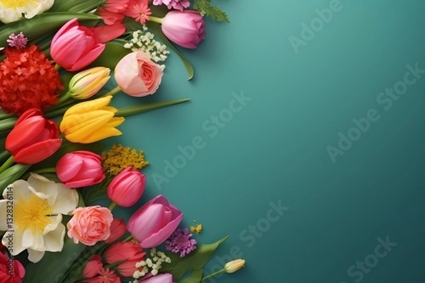 Fototapeta A beautiful banner template for Mother's Day, birthdays, and International Women's Day, with a colorful bouquet of flowers against a green backdrop, offering ample space for text
