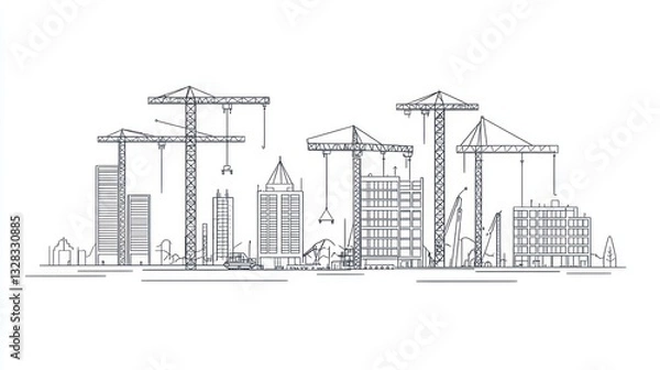 Fototapeta Cityscape under construction; cranes; architecture; urban; illustration; design; background; vector; use for business; promotion