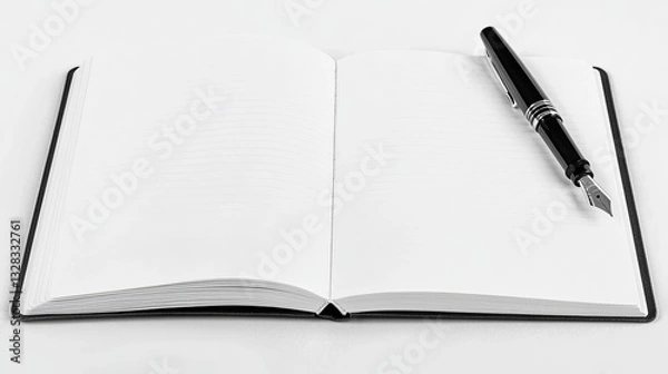 Fototapeta A clean and simple photo of an open notebook with a fountain pen resting on the page. picture