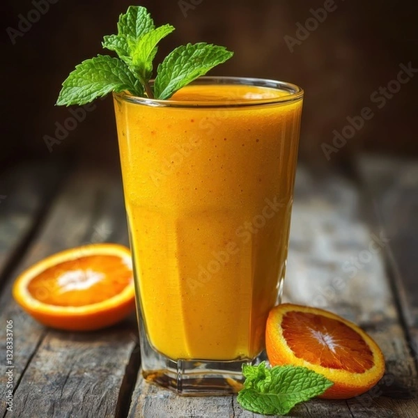 Fototapeta A refreshing orange smoothie garnished with mint leaves, served in a glass beside halved oranges on a rustic wooden table.