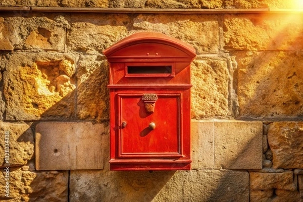 Fototapeta Rustic Red Mailbox on Weathered Wall - Postal Delivery Stock Photo