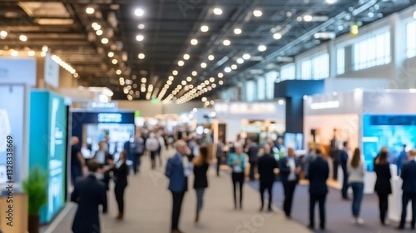 Fototapeta Business convention hall with crowds, booths, and lights in a blurred view