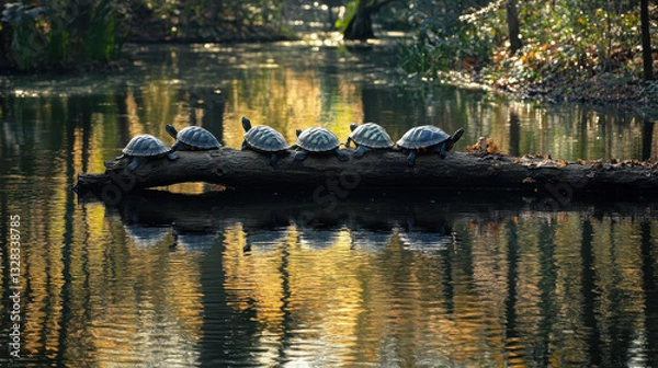 Fototapeta A serene scene with turtles basking on a log in a tranquil waterway surrounded by nature.
