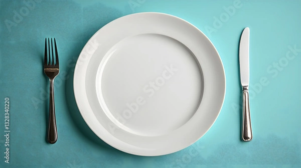 Fototapeta Culinary Setup: An empty, pristine plate awaits the delight of a new dish in the center, accompanied by a gleaming knife and fork, all meticulously set against a subtly textured turquoise surface.