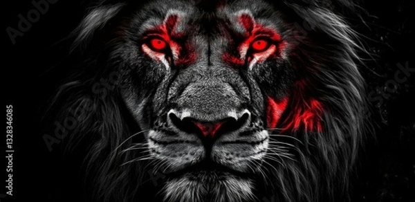 Fototapeta Lion King in Fiery Portrait on Black Background: Wildlife Animal Symbolizing Danger in Striking Digital Art Concept