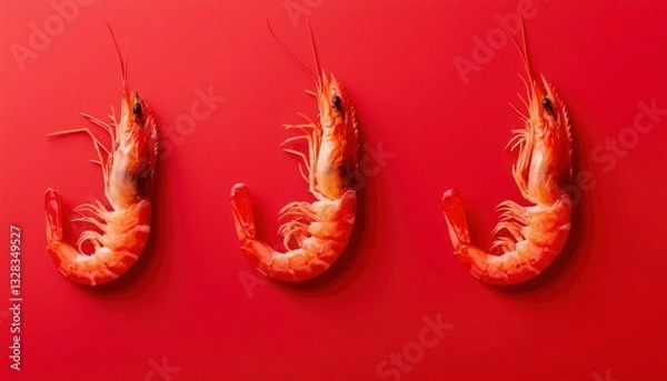 Fototapeta Three cooked prawns arranged in a row on a red background