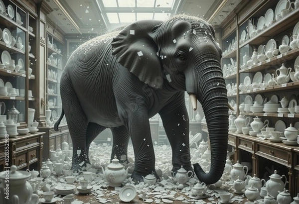 Obraz Elephant causes chaos in a fine china shop during daytime