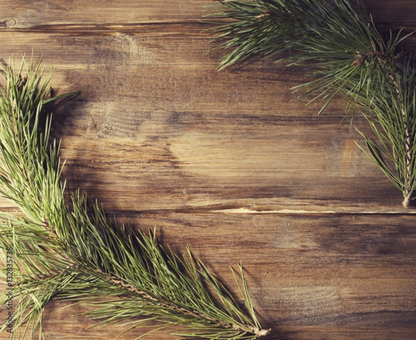 Fototapeta Background frame with pine tree branch on old wooden background boards
