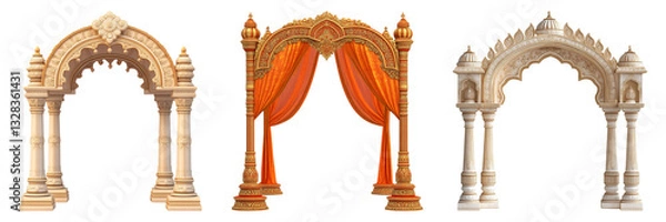 Fototapeta Set of ornate wedding mandap and decorative arch isolated on transparent background, in PNG format, cut out