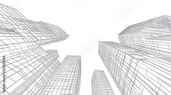 Fototapeta Architectural drawing of skyscrapers, upward view, digital illustration, potential for architectural design presentation