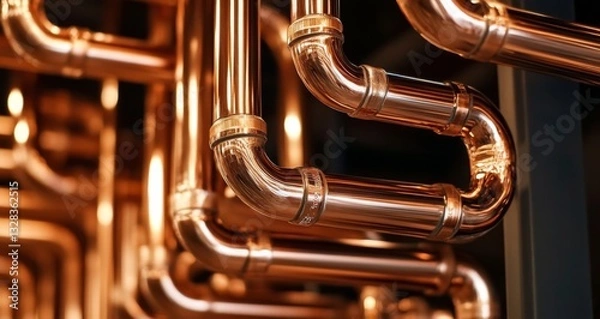 Obraz Copper Pipeline in Boiler Room: Plumbing Service for Heating System with Water and Gas Connection Pipes and Fittings