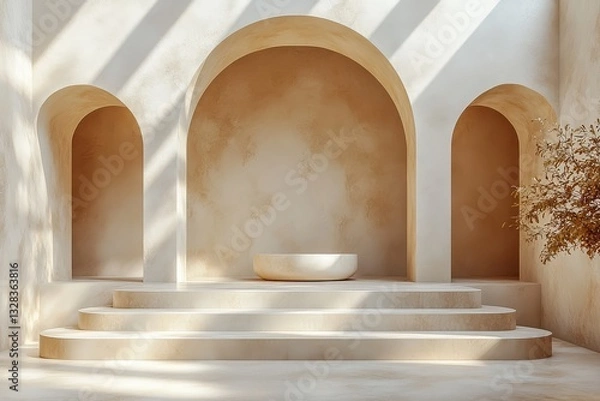 Obraz Minimalist Stage Design Featuring Arched Cream Podium with Soft Lighting and Ultra-Wide Angle Close-Up. Minimalist, High Resolution, Detailed Front View.