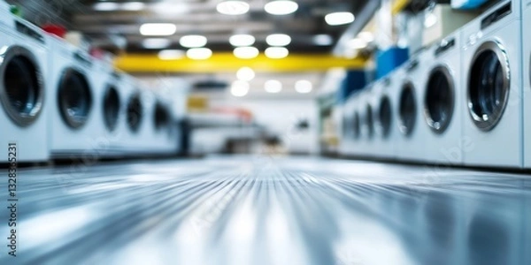 Fototapeta Industrial Laundry Machines in Laundromat with Blurred Background for Stock Photo Usage