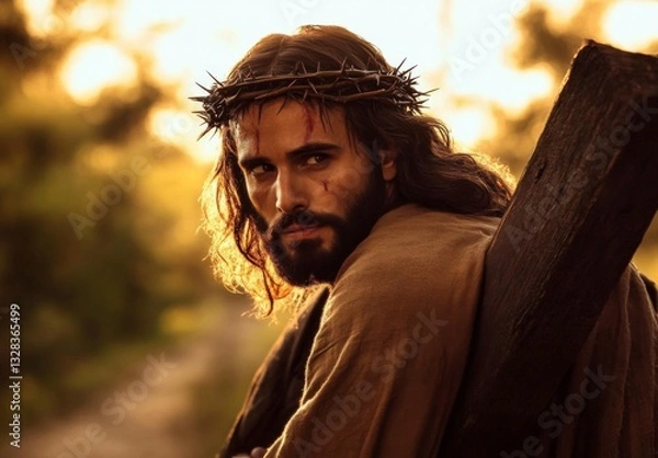 Fototapeta Jesus with thorn crown and cross depicted during sunset in a powerful image