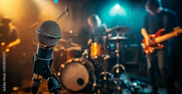 Obraz Live Music Performance: Band on Stage with Guitarist, Soft Background Blur. Studio Recording Session with Band Playing Music