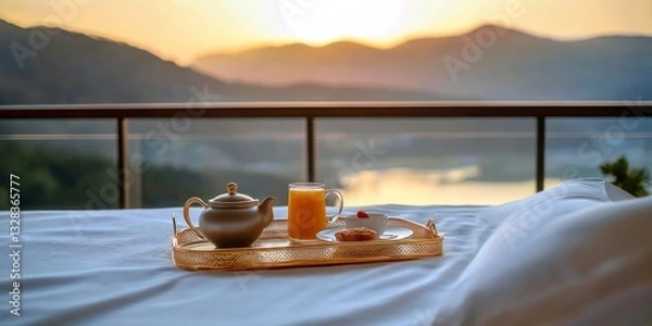 Fototapeta Luxurious Ocean View Breakfast in Hotel Room at a High-End Tourist Resort