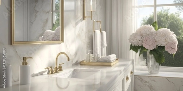 Fototapeta Luxurious White Bathroom Interior with Marble Countertop and Bath Accessories, with Ample Copy Space for Product Placement